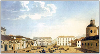 Il_palazzo_a_sinistra,_sullo_sfondo_della_piazza_Carlina_di_Torino,_nel_dipinto_riprodotto_in_questa_pagina,_fu_la_prima_sede_del_Corpo_dei_Carabinieri_Reali.